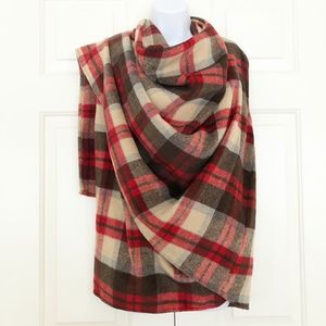 Poncho Jacket Blanket Wrap Shawl Cape Coat Red Brown Plaid Thick Vtg Ella Blue